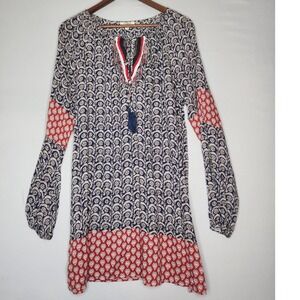 Umgee Boho Long Sleeve Tunic Peasant Style Blouse Large‎ Red White Blue